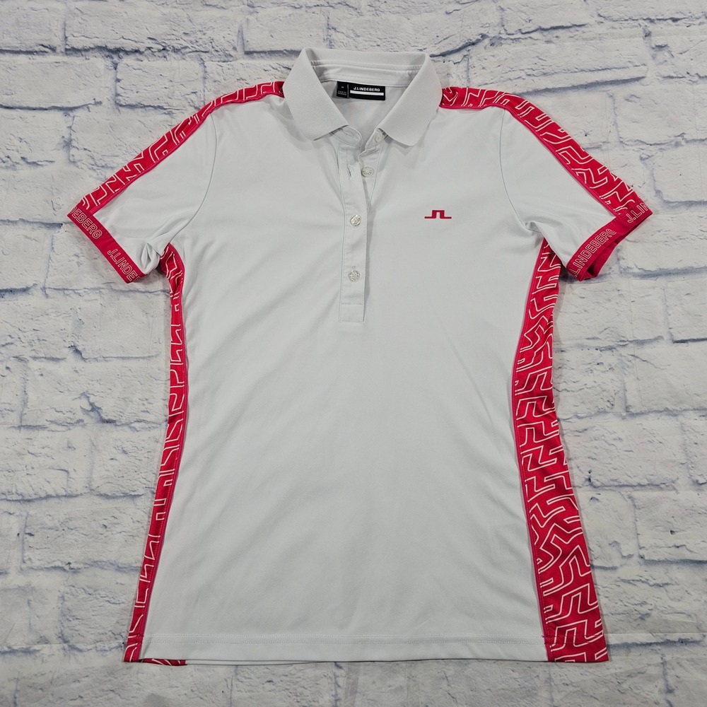 J Lindeberg Damai Polo Women M White Pink Logo Tape Golf Tennis Performance